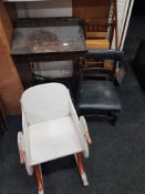 ANTIQUE CHILDS SCHOOL DESK AND 2 CHILDRENS CHAIRS + DUST PAN AND BRUSH