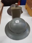 2 MILITARY TIN HELMETS AND WATER BOTTLE