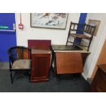 QUANTITY OF FURNITURE TO INCLUDE TRAYS, CHAIR TABLE, BEDSIDE LOCKER AND BOBBIN CHAIR