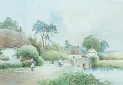 EXCELLENT VICTORIAN WATERCOLOUR COTTAGE BESIDE RIVER SIGNED FB