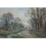 GILT FRAMED WATERCOLOUR - DRIVING THE CATTLE