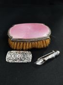 ANTIQUE SILVER AND PINK GUILLOCHE BRUSH 65.3G BIRMINGHAM MAKER A.KTD, SILVER ART NOUVEAU BROOCH POSY