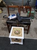 2 ANTIQUE CHAIRS, FOLDING SEAT AND PAINTED STORAGE BOX