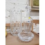 WATERFORD DECANTER, VASE AND ASHTRAY