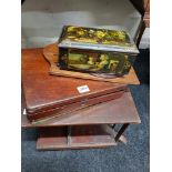 REVOLVING BOOKCASE, OLD TIN, MIRROR AND PART CANTEEN OF CUTLERY