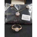 9 CARAT ROSE GOLD AND CZ RING, NECKLACE AND EARRINGS (RING SIZE O)