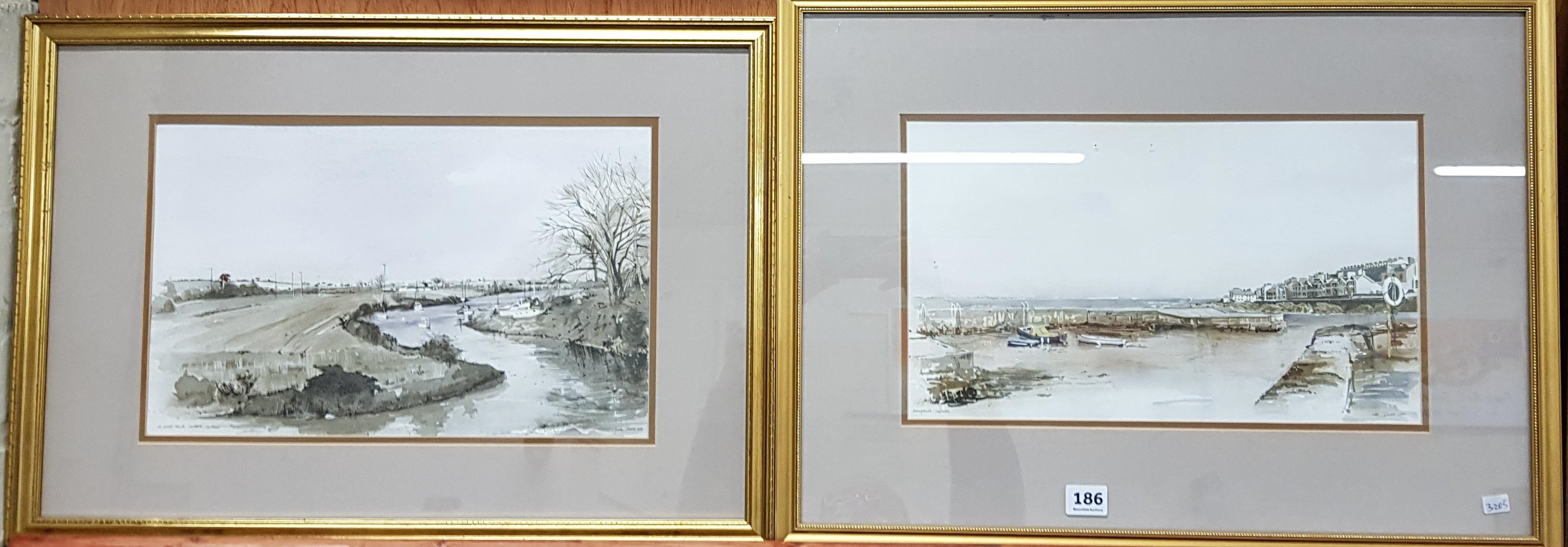 PAIR OF WATERCOLOURS BANGOR AND COMBER LES JONES