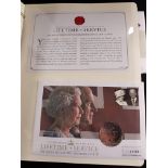 LIFETIME OF SERVICE QUEEN ELIZABETH II 13 PAGES OF COINS AND STAMPS COMMEMORATIVE COVER