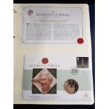 LIFETIME OF SERVICE QUEEN ELIZABETH II 5 X COIN AND STAMPS COMMEMORATIVE COVER AND 4 PAGES OF