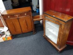 MAHOGANY BOW FRONTED 2 DOOR CABINET AND VICTORIAN INLAID WALNUT DISPLAY CABINET AND SMALL SIDE