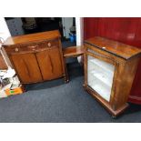 MAHOGANY BOW FRONTED 2 DOOR CABINET AND VICTORIAN INLAID WALNUT DISPLAY CABINET AND SMALL SIDE