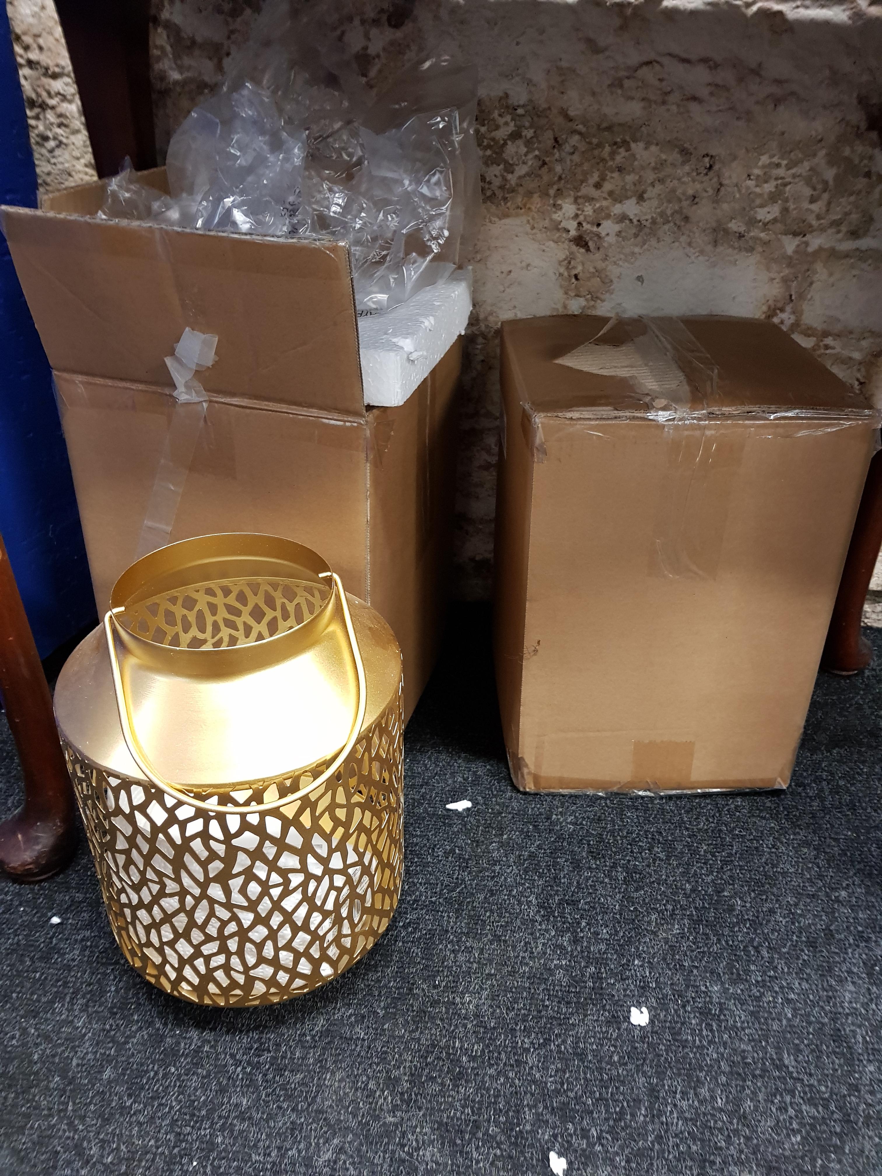 PAIR OF ALISON CORK METAL LEAF LANTERNS