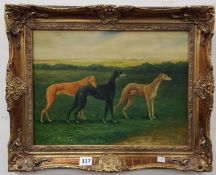 OIL ON BOARD - 3 GREYHOUNDS R.GROOM