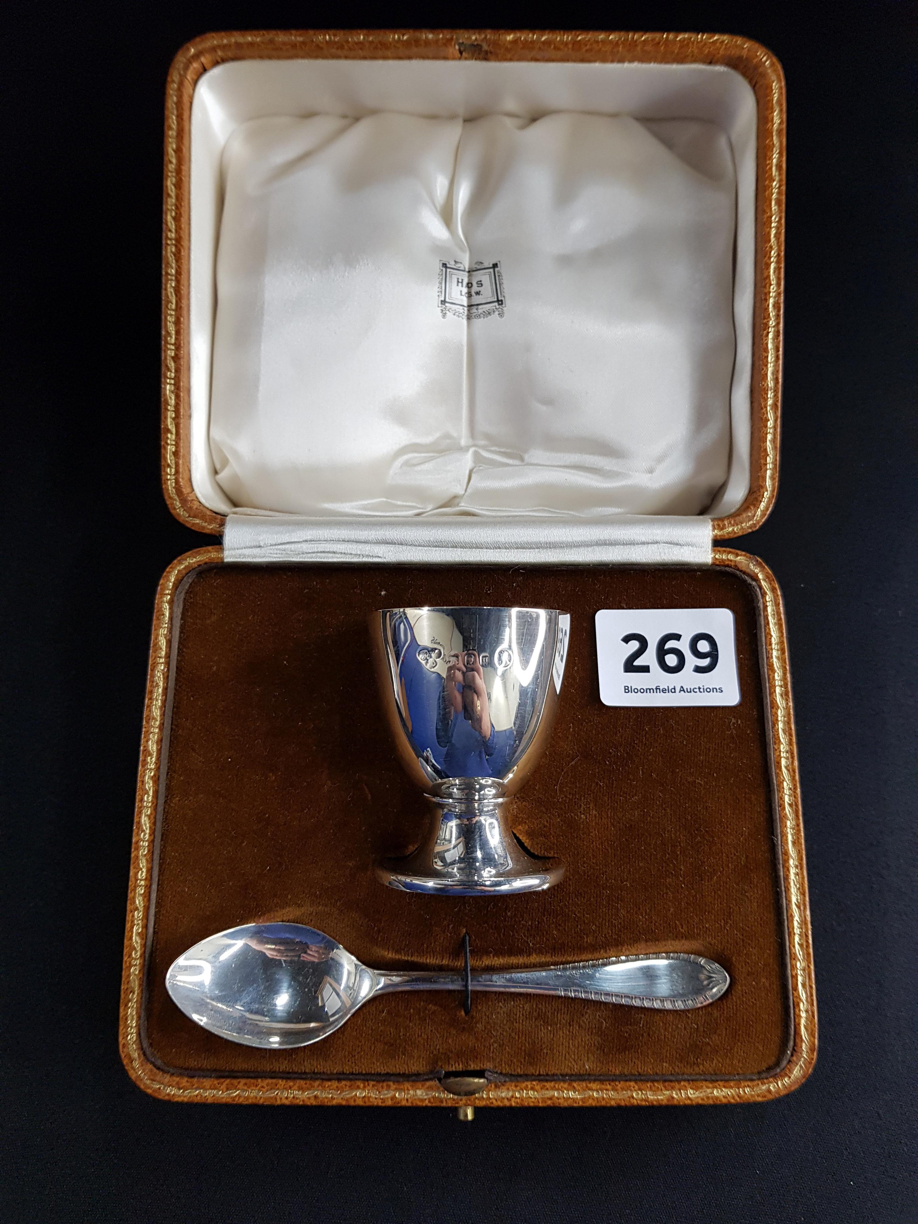 CASED SILVER EGG CUP AND SPOON