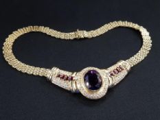 18 CARAT YELLOW GOLD 5 BAR LINK NECKLETT WITH LARGE PENDANT 18 INCHES LONG, AMETHYST OVAL CENTRE