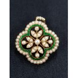 ANTIQUE 15 CARAT GOLD SEED PEARL AND ENAMEL BROOCH