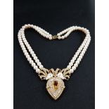 18 CARAT YELLOW GOLD AND CULTURED PEARL NECKLETT WITH LARGE CITRINE STONE SET PENDANT 18 INCH