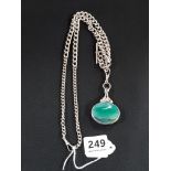 SILVER AND GREEN AGATE AND OPAL FOB ON HEAVY SILVER ALBERT CHAIN