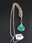 SILVER AND GREEN AGATE AND OPAL FOB ON HEAVY SILVER ALBERT CHAIN