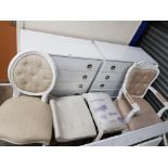 QUANTITY OF WHITE FURNITURE , 2 CHEST OF DRAWERS, STOOLS AND 2 CHAIRS