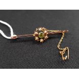 ANTIQUE 15 CARAT GOLD PERIDOT AND SEED PEARL BROOCH