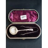 CASED SILVER SIFTER SPOON AND SUGAR TONGS