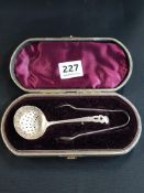 CASED SILVER SIFTER SPOON AND SUGAR TONGS