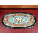 VICTORIAN BEADWORK OVAL TRAY ON BRASS BUN FEET