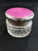 CUT GLASS SILVER AND PINK GILLOUCHE ENAMEL TOP DRESSING TABLE JAR