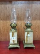 PAIR OF ONYX AND BRASS OIL LAMPS