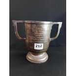 SILVER TWIN HANDLED TROPHY INSCRIBED 'ULSTER DIVISION GYMKHANA' BALMOROAL SEPTEMBER 1933 PRESENTED