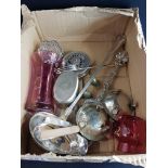 SMALL BOX OF EPNS AND RUBY GLASS