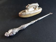 NAIL BUFFER AND BUTTON HOOK, BOTH WITH STERLING SILVER HANDLES