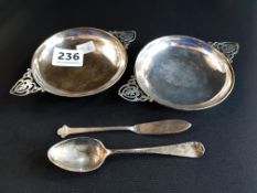 PAIR OF SILVER DISHES, SPOON AND BUTTER KNIFE