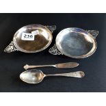 PAIR OF SILVER DISHES, SPOON AND BUTTER KNIFE