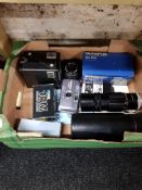 BOX OF CAMERAS, LENS AND ACCESSORIES
