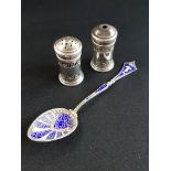 SILVER AND ENAMEL SPOON AND 2 SILVER SALTS