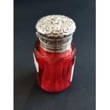 VICTORIAN SILVER (TESTS TO) TOPPED RUBY PERFUME BOTTLE