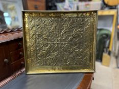 BRASS ARTS AND CRAFTS RECTANGULAR TRAY DECORATED WITH LEAVES AND FRUIT AND AN ARTS AND CRAFTS WOODEN
