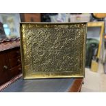 BRASS ARTS AND CRAFTS RECTANGULAR TRAY DECORATED WITH LEAVES AND FRUIT AND AN ARTS AND CRAFTS WOODEN