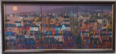 GEORGE CALLAGHAN - OIL ON CANVAS (X3) TRIPTYCH - TITLED CRUMLIN, FALLS & THE SHANKILL