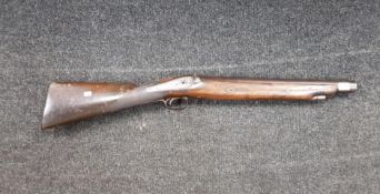 SINGLE BARREL MUZZLE LOADER MISSING THE HAMMER, LIKELY A BANK GUN CUT DOWN (4 BORE)