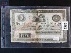 £5 BANKNOTE PARSONSTOWN 15TH JUNE 1859, QUEEN VICTORIA BANKNOTE CONJOINED HALVES HAND SIGNED, £5