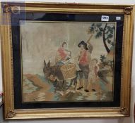 ANTIQUE FRAMED SILK PICTURE (DONKEY AND PEOPLE)