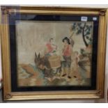 ANTIQUE FRAMED SILK PICTURE (DONKEY AND PEOPLE)