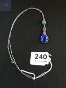 SILVER LAPIS, TURQUOISE AND MARCASITE PENDANT ON SILVER CHAIN