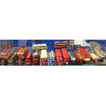 SHELF LOT OF MODEL BUSES AND TRAMS TO INCLUDE CORGI AND DINKY