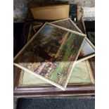 BOX OF OLD ANTIQUE PRINTS AND PAINTINGS