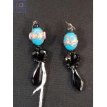 PAIR OF ENAMEL AND JET DROP EARRINGS