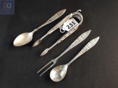 QUANTITY OF INDIAN/ASIAN SILVER TO INCLUDE A BEAUTIFUL PAIR OF SUGAR TONGS DECORATED WITH TORQUOISE,